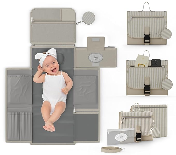 Portable Diaper Changing Pad - Large, Waterproof Travel Changing Pad for Baby with Extra Storage, Wipes Pocket & Pacifier Case - Portable Diaper Changing Station - Beige Striped