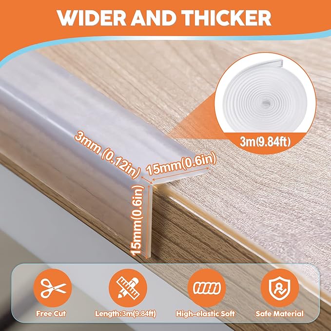 Baby Proofing, Edge Protector 100% Silicone, Soft Corner Protectors for Kids, Pre-Tape Adhesive Edge Guard for Kids Safety, Child Drawer Furniture Cabinet Bumper (9.84ft 0.6x0.6in(Width))