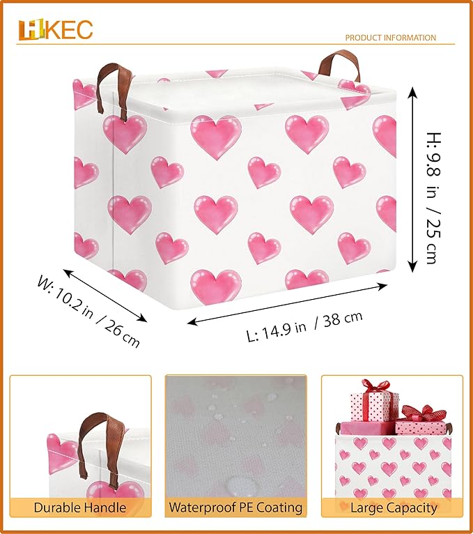 HKEC Rectangle Storage Basket with Handles,Collapsible Storage Bin,Books Box,Gift Basket(Watercolor Heart)