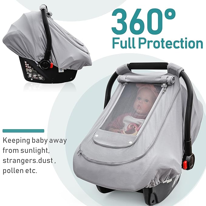 Baby Car Seat Cover for Summer/Spring,100% Organic Cotton Carseat Cover for Babies,Infant Car Seat Cover Canopy for Boys& Girls, Lightweight & Breathable (Gray)