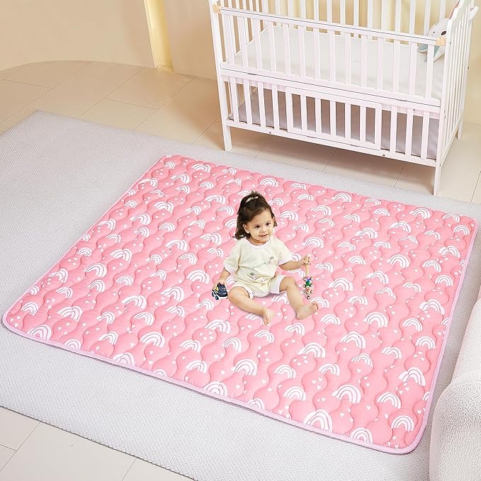 Viviland Baby Mats for Floor, 50x50 Inch Playpen Mat, Thick Cushioning Padding Playmat for Baby and Toddlers Infants, Non-Slip & Machine Washable, Pink Rainbow