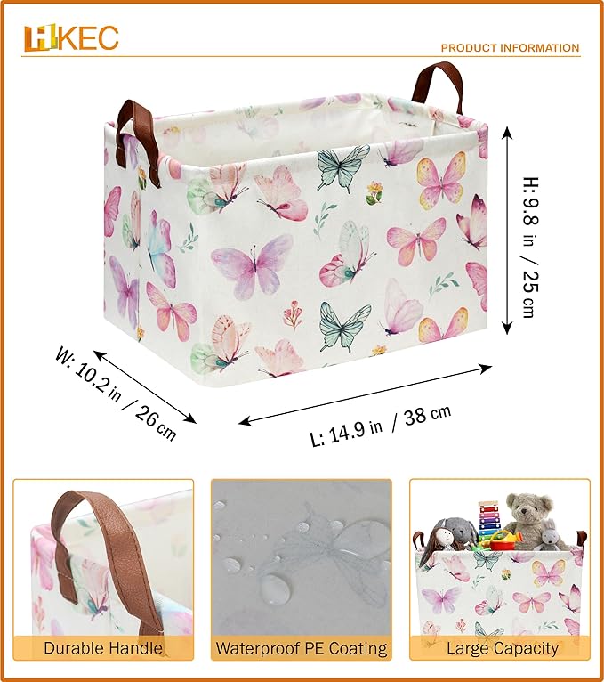 HKEC Rectangle Pink Butterfly Storage Basket with Handles, Collapsible Storage Bin, Books Box, Gift Basket(Pink Butterfly)
