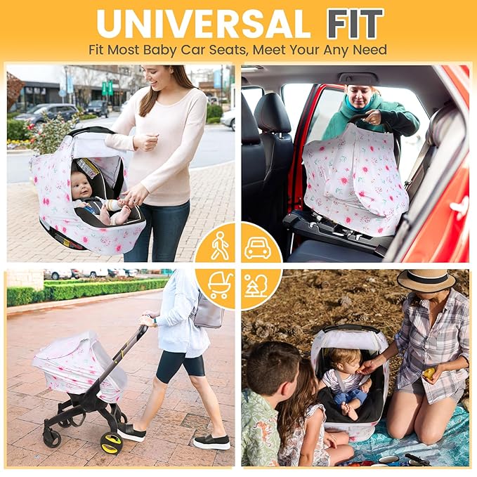 Orzbow Baby Car Seat Cover, Breathable Car Seat Canopy for Girls Boys with Mesh Window, Lightweight Baby Carrier Cover for Wind, Dust, Sun and Insects Protection, Universal Fit, Pink