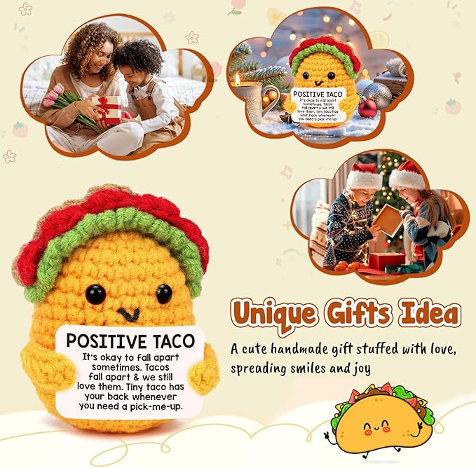 Positive Crochet Taco Birthday Gifts for Women Men Teacher Appreciation Mothers Day Graduation Gift Adult Kids Son Mom Dad Daughter Sister Friend Coworkers Self Care Card Inspirational Support