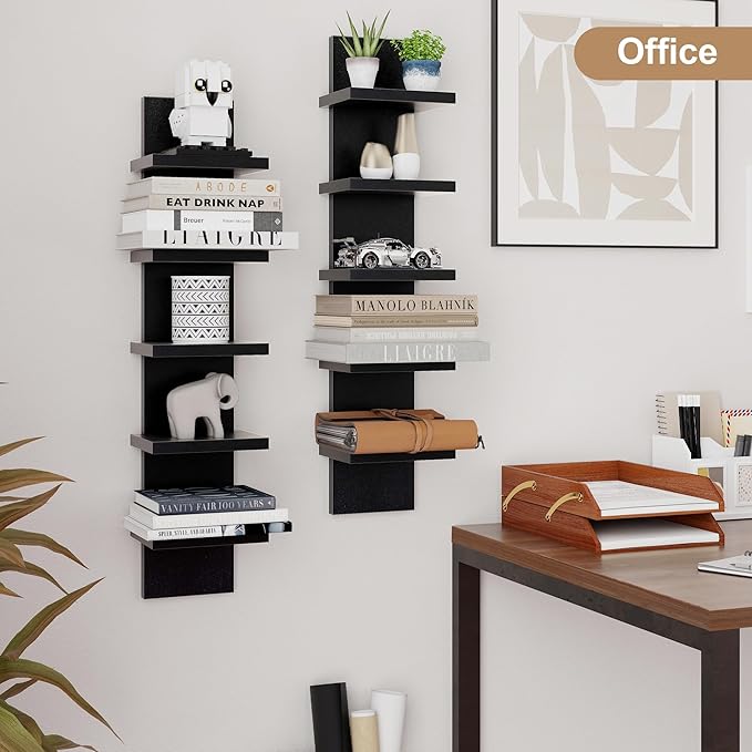 Fun Memories 5 Tier Wall Shelf Unit, Black Floating Shelves for Storage - Vertical Column Tower Design, Lack Wall Shelf Space Saving Organizer for Bedroom, Living Room, Home Decor, 2Pack