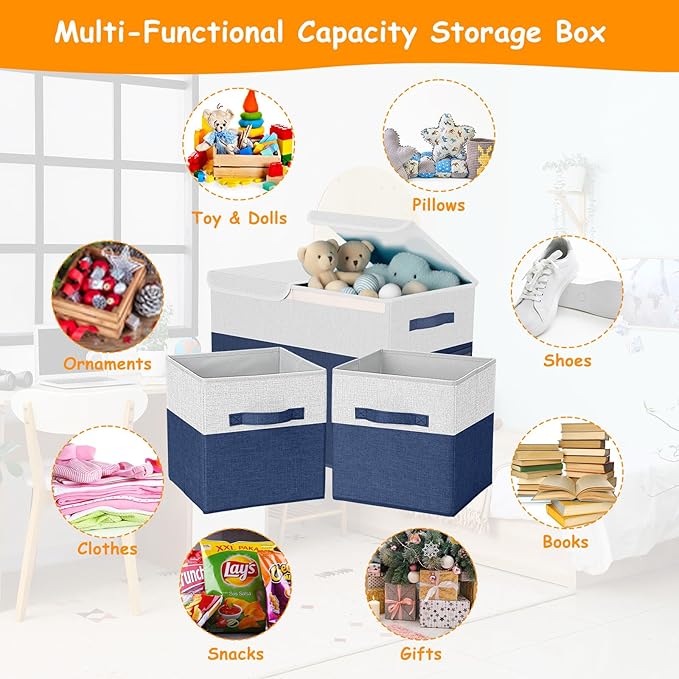 Fiwochic 3 Pack 23" Large Toy Storage Box with 11" Cubes Bins, Collapsible Toy Organizer Chest with Lids for Kids Nursery Playroom Bedroom Living Room Christmas Ornament Storage Box(Navy White)