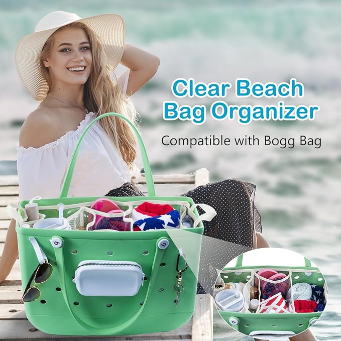 AMOIGEE Clear Beach Bag Organizer Insert with 3pcs Accessories for XL Bogg Bag Inserts - Tote Bag Divider with Sunglasses Holder, Phone Holder and Clips Hooks - Beach Tote Insert Organizer Liner