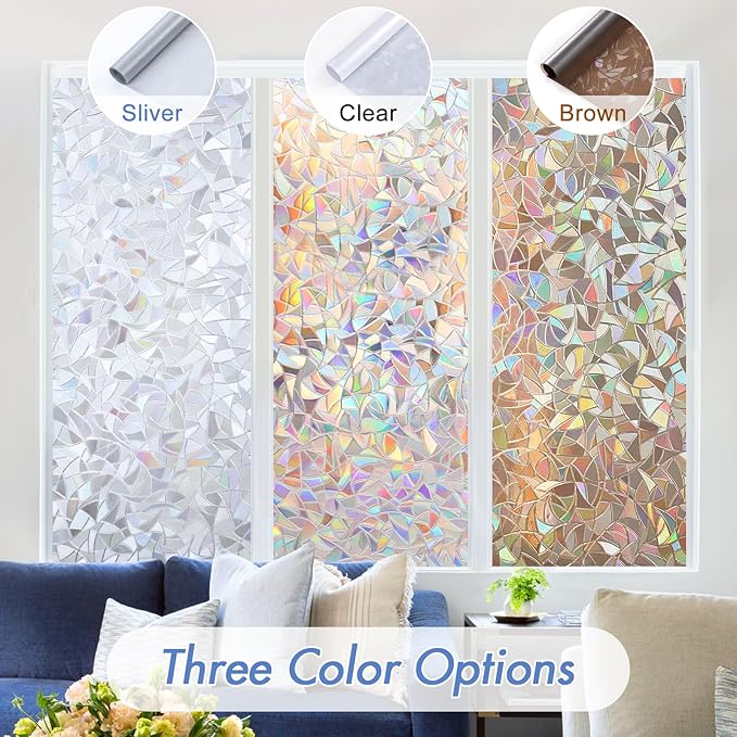Haton Window Privacy Film, Stained Glass Rainbow Film Decorative Window Clings, Static Cling Sun Blocking Sticker, One Way Cover Tint for Home Heat Control, Non-Adhesive, Silver 23.6" x 78.7"