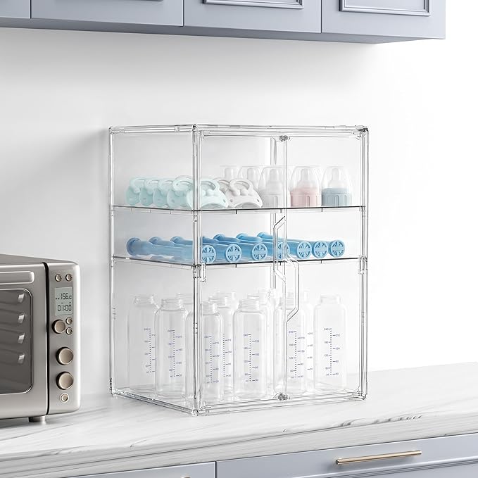 HBlife Baby Bottle Storage Organizer for Countertop Cabinet, 3 Tiers Adjustable Clear Acrylic Bottles Storage Station Case Box Container with 2 Removable Dividers and Magnetic Double Door, X-Large