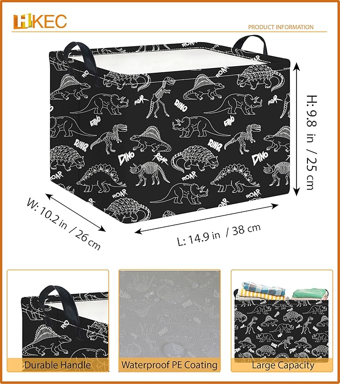 HKEC Rectangle Storage Basket with Handles,Collapsible Storage Bin,Books Box,Gift Basket(Black Line Dinosaur)