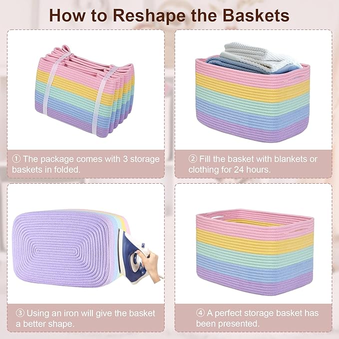 Degeyoyo Woven Storage Baskets, Rainbow Baskets for Organizing, 3 Pack Woven Basket for Storage, Storage Baskets for Shelf, Towel, Toy, Book, Closet, Baby 15"×10"×9"