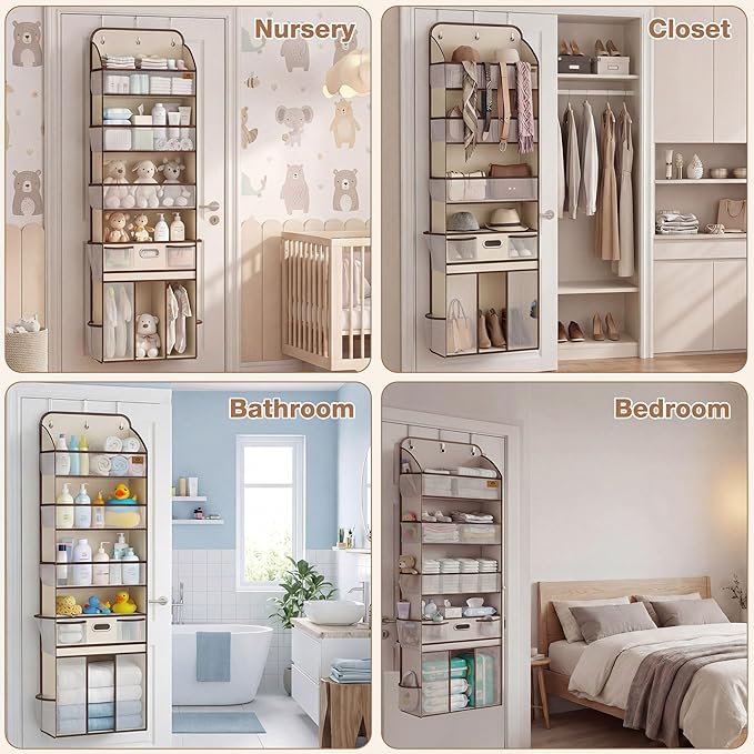 Baby Nursery Over The Door Organizer – 5-Tier 10 Pocket Hanging Storage with Removable Diaper Caddy & 3 Sturdy Hooks, 55LBS Capacity Baby Essentials Holder for Bathroom Bedroom Closet, Beige