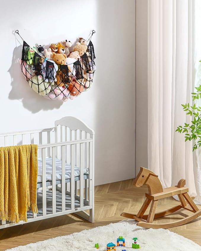 Boho Macrame Stuffed Animal Hammock with LED Lights, Wall Corner Hanging Plushie Net, Large Toy Organizer for Kids Bedroom Nursery Playroom & Dorm (Black XL)