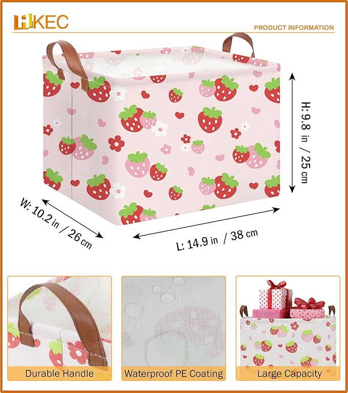 HKEC Rectangle Storage Basket with Handles,Collapsible Storage Bin,Books Box,Gift Basket(Strawberry)