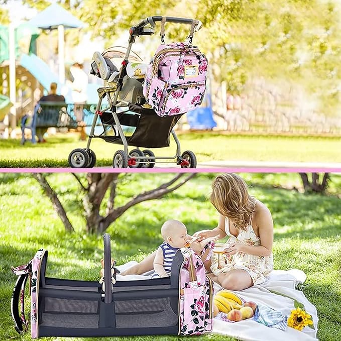 GurZinn Diaper Bag Backpack with Changing Station, Foldable for Bady Toddler, 3 in 1 Large Capacity Newborn Essentials Organizer with Stroller Hook for Girls and Boys(Pink)