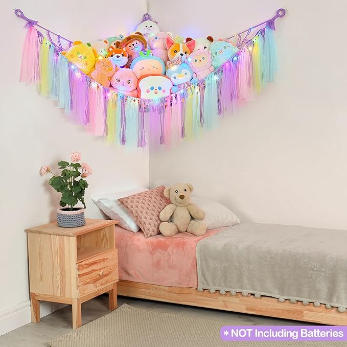 FIOBEE Stuffed Animals Net or Hammock with LED Light, Toy Hammock Hanging Stuffed Animals Storage Organizer Holder Room Décor for Nursery Kids Bedroom