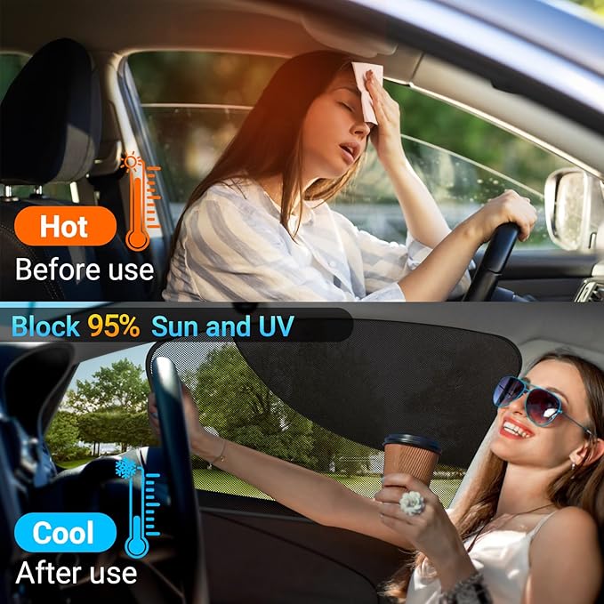 DIZA100 Front Window Sun Shade, 2 Pack Half Blackout & Half See-Through Magnetic Car Side Window Sunshades with Fixed Suction Cup, Car Window Curtain UV Protection for Driver