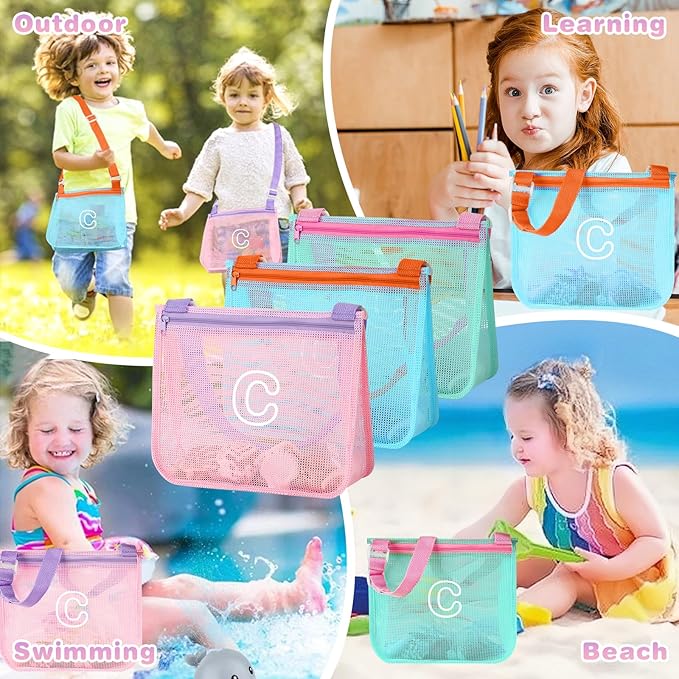 3Pcs Personalized Kids Beach Shell Bag, Initial Seashell Mesh Zipper Beach Pouch, Shell Collecting Bag for Holding Shells with Adjustable Straps, Sand Toys Swim Pouch Gift for Girl Boy Teens(Letter C)
