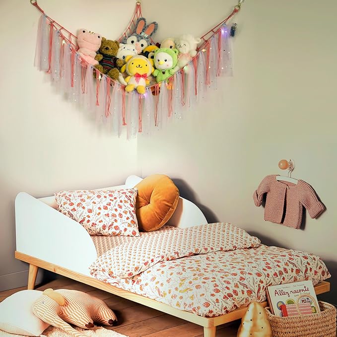 Stuffed Animal Hammock with LED Lights - 59 Inch Large Toy Storage Net for Kids Bedroom, Wall-Mounted Plush Organizer with Wooden Rings, Nursery Decor (Handwoven, Dark Pink)