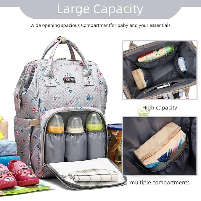 GAIVP Diaper Bag Backpack for Women, Baby Bags for Girls,Diaper Bag with Changing Pad, and Insulated Pockets-Grey Flowers