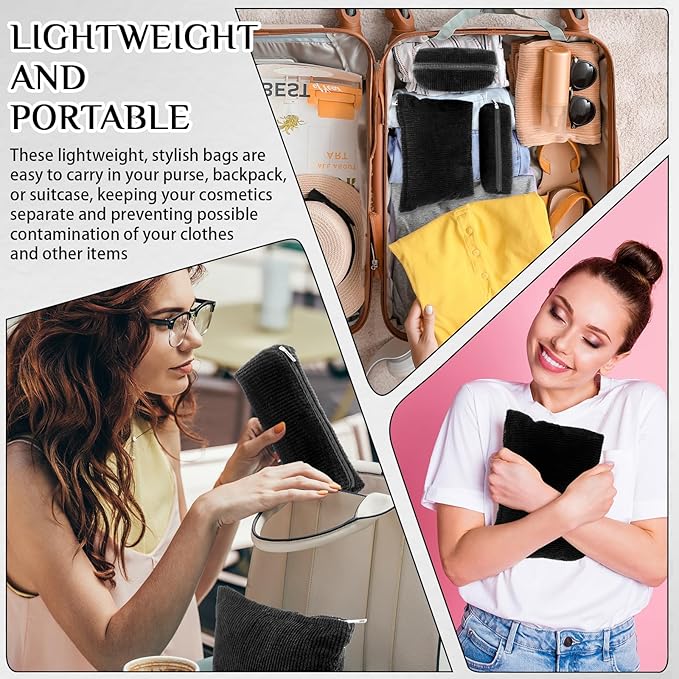 3 Pcs Makeup Bag Set for Women Corduroy Cosmetic Pouch Aesthetic Smile Travel Toiletry Bag Cute Purse Pouch Pencil Case Makeup Brushes Storage Organizer with Zipper(Black,Solid Style)
