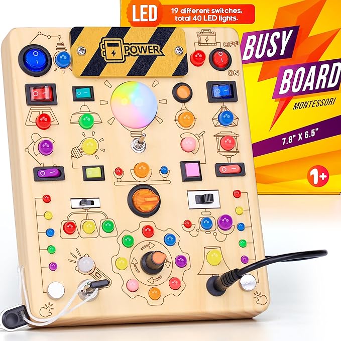 RichBoy Montessori Toy Busy Board with 40 LED Lights, 59-in-1 Sensory Toys for Toddlers, Travel Educational Activity for Airplane, Ideal Christmas Birthday Gift for Boys & Girls (7.8" x 6.5")