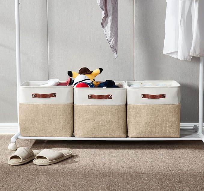 DECOMOMO Storage Cubes, 11x11 Cube Storage Bins, Baskets for Shelves (Beige & White, 4 Pack)