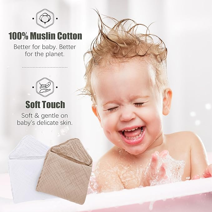 Spotted Play 2 Pack Hooded Baby Towels - 100% Muslin Cotton for Newborns, Infants, Toddlers - Large 32x32Inch Size - Highly Absorbent and Essential for Newborn Care, White and Brown