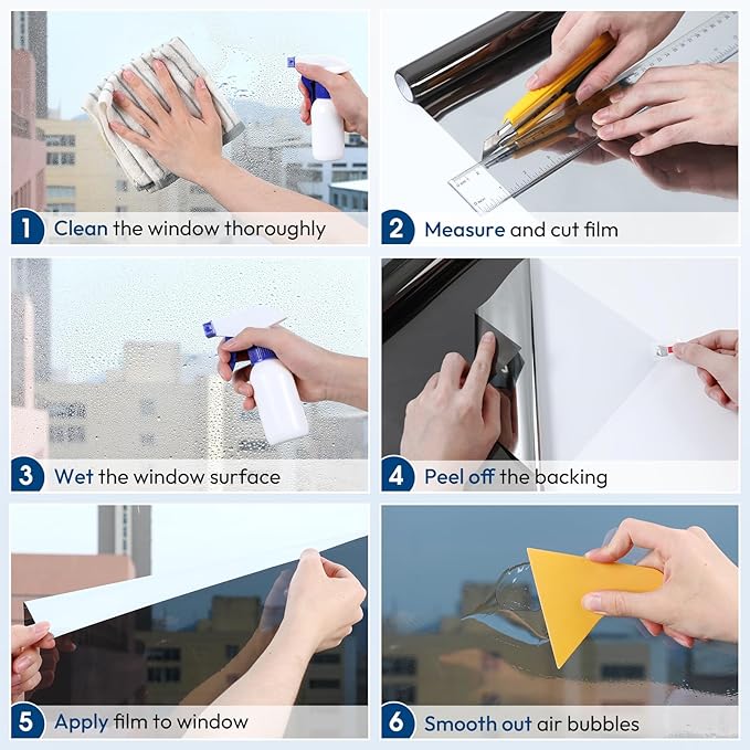 rabbitgoo One Way Window Privacy Film, Window Tint for Home, Reflective Heat Control Sun Blocking Anti UV See Out Not in Glass Door Covering Tinting Film, 17.5 in X 6.5 Feet, Black Silver