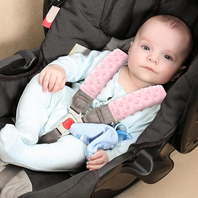 WINGHENLEE Baby Car Seat Strap Pads, Car Seat Strap Shoulder Covers for Baby Infant Toddler, Double-Sided Car Seat Belt Covers for Stroller/Pushchair/Baby Swing, Soft Flannel & Mesh, Pink