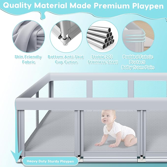 Fshibila 74" ×50" Large Baby Playpen, Baby Playard for Babies and Toddlers, Baby Fence Play Pens for Indoor & Outdoor, Sturdy Safety Play Yard with Soft Breathable Mesh, Anti-Fall, Grey