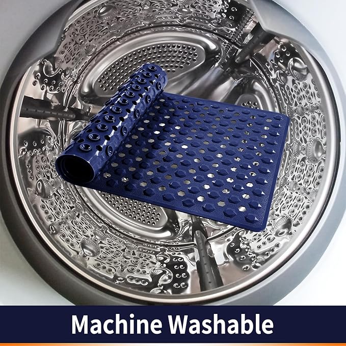 Yimobra Bath Tub Mat Non Slip, 34.5"x15.5" Long Shower Mat, Machine Washable Bathmat with Drain Holes and Suction Cups, Soft on Feet, Bathroom Essentials, Dark Blue
