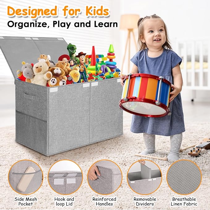 Fineonly Large Toy Storage Box with Lid Upgraded Toy Chest Organizer with Removable PP Divider Foldable Toy Bin for Kids Boys Girls Linen Fabric Toy Box for Playroom Nursery Bedroom (25"x13"x16")