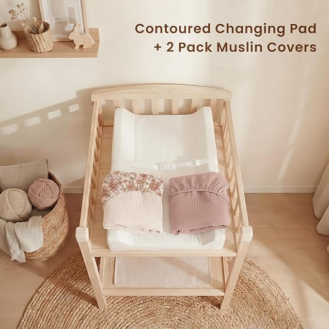 Konssy Muslin Changing Pad with Waterproof Lining Foam, Includes 2 Pack Soft & Cotton Cover, Baby Diaper Changing Pad for Dresser or Table, 32x16 inches (Vintage Petals, Taupe)