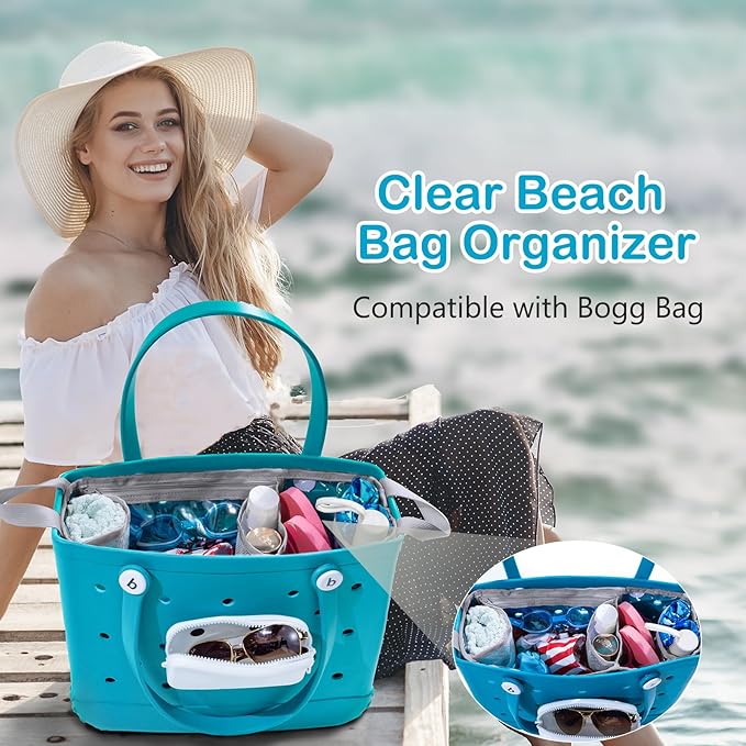 Clear Beach Bag Organizer Insert with 3pcs Accessories for Medium Bogg Bag Inserts -Beach Tote Bag Divider with Sunglasses Holder, Phone Holder and Clips Hooks - Beach Tote Insert Organizer Liner