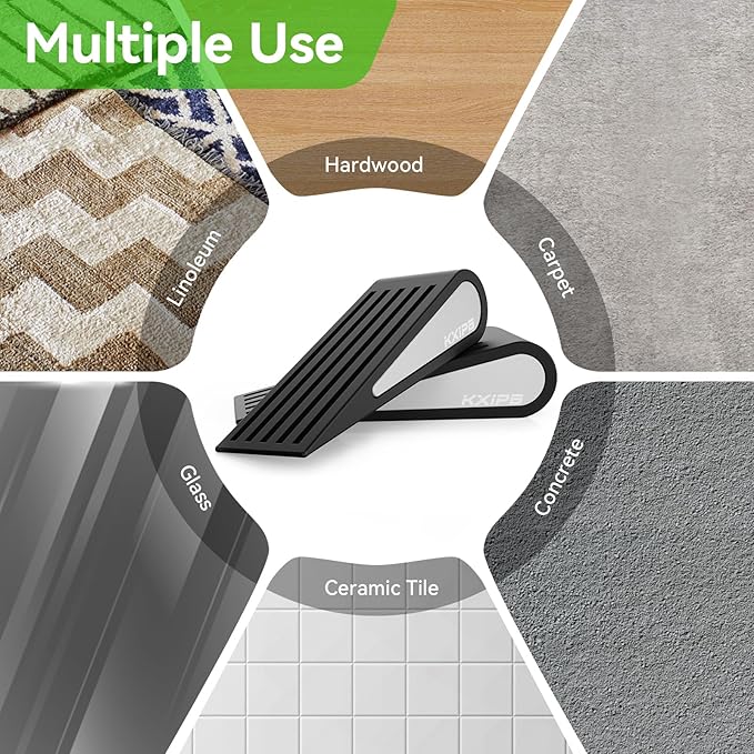 4Pack Rubber Door Stopper Wedge - Black Non-Slip Soft TPR High-Elastic & Zinc Alloy Metal Material Door Stops for Bottom of Heavy Duty Door Wall Protector for Home & School with Self Adhesive Holder