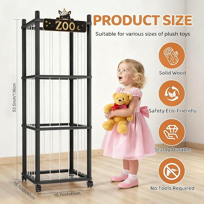 Stuffed Animal Storage Zoo Tower,56In Wooden Large Stuffed Animal Holder Organizer with Wheels,Stuffy Plushies Storage with Elastic Band&Mesh Bottom,Toy Storage Organizers for Playroom Nursery(Black)