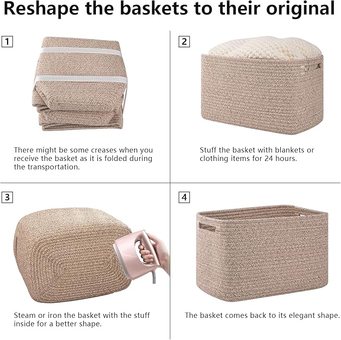 OIAHOMY 4 Pack Storage Baskets for Organizing, Cube Storage Bins for Shelves, Rectangle Storage Baskets With Handles, Woven Baskets for Storage, 12.7''Lx9''Wx7.8''H, Brown