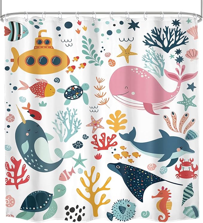Kids Shower Curtain Ocean Cute Cartoon Whale Funny Kid Bathroom Set Underwater Coastal Submarine Fish Animal Nursery Baby Boys Girls Children 72Wx72H Bath Curtain Fabric Polyester 12 Pack Hooks