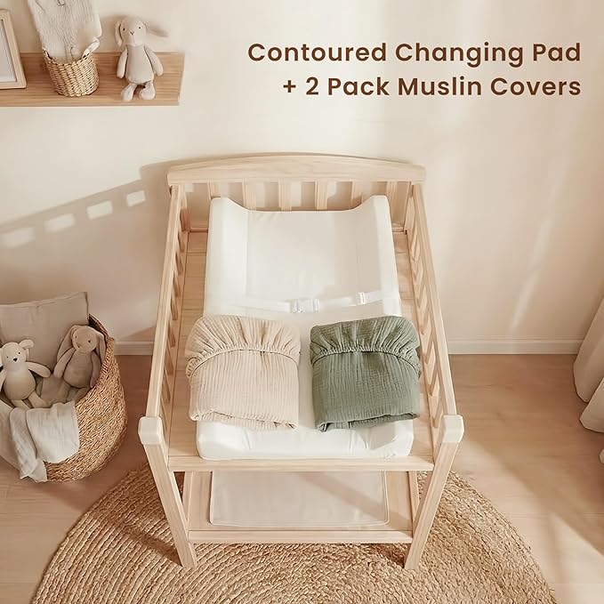 Konssy Muslin Changing Pad with Waterproof Lining Foam, Includes 2 Pack Soft & Cotton Cover, Baby Diaper Changing Pad for Dresser or Table, 32x16 inches (Fog Green,Cream)