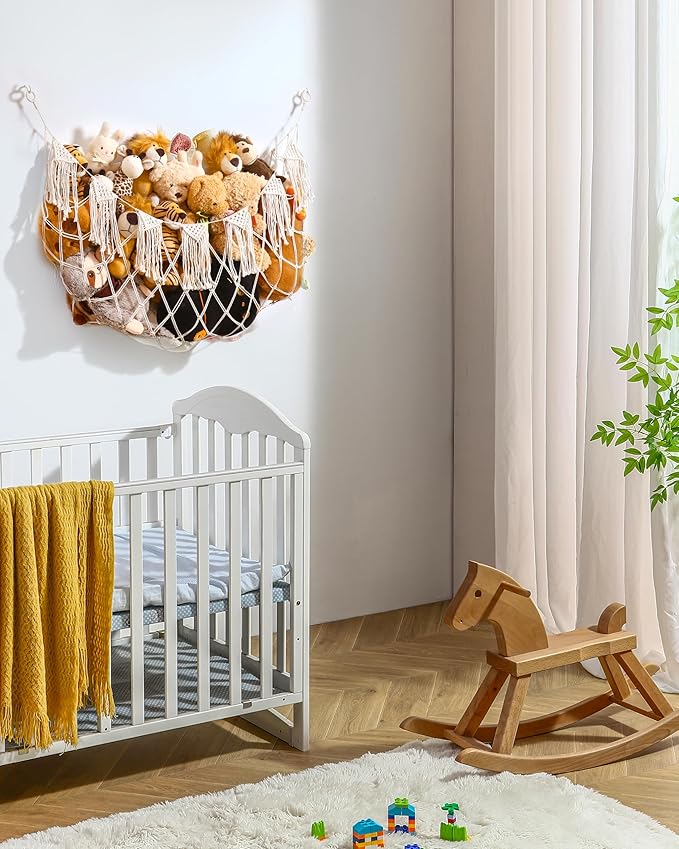 Boho Macrame Stuffed Animal Hammock with LED Lights, Wall Corner Hanging Plushie Net, Large Toy Organizer for Kids Bedroom Nursery Playroom & Dorm (White XL)