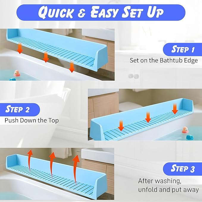 31IN Silicone Bathtub Splash Guard for Kids, Strong Suction Cups Tub Topper & Bath Toy Holder, Bath Tray Play Shelf & Bathroom Toy Storage, Kids Bathroom Accessories, Prevents Water Spills