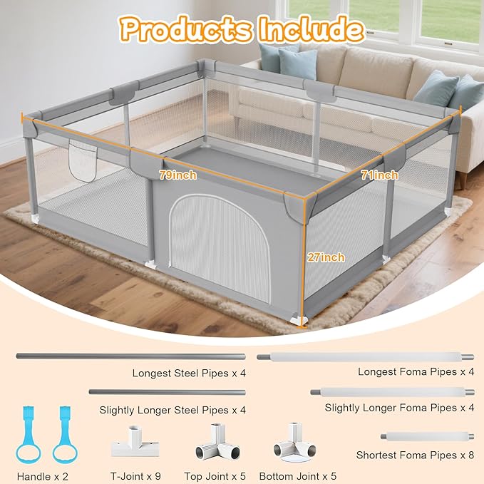Deeteck Baby Playpen 79"x71" - Extra Large Playpen for Babies and Toddlers with 2 Handle - Baby Fence Play Area Safety Center for Indoor & Outdoor, Grey