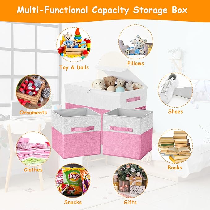 Fiwochic 3 Pack 23" Large Toy Storage Box with 11" Cubes Bins, Collapsible Toy Organizer Chest with Lids for Kids Nursery Playroom Bedroom Living Room Christmas Ornament Storage Box(Pink White)