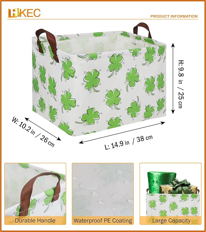 HKEC Rectangle Cute Storage Basket with Handles,Collapsible Toys Bin for Playroom Bedroom,Room Decor,Gift Basket(Clover)