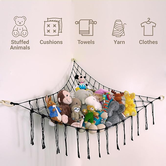 ABBY BABY Large Stuffed Animal Hammock Corner - Stuffed Animal Storage - 100% Natural Cotton Macrame Stuffed Animal Net - Stuff Animal Organizer - Net For Stuffed Animals Corner Large-Black