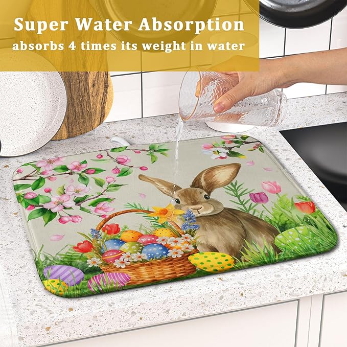 Easter Bunny Colorful Eggs Dish Drying Mat for Kitchen Counter,Spring Flowers Green Grass Drying Mat 16 x 18 Inch with High Absorbent Microfiber Drainer Mat for Coffee Bar