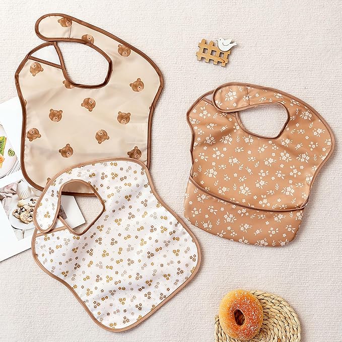 CoolaPeach 3-Pack Waterproof Baby Bibs for Eating - Lightweight Feeding Bibs, Mess Proof, Baby Essential Must Have for Eating