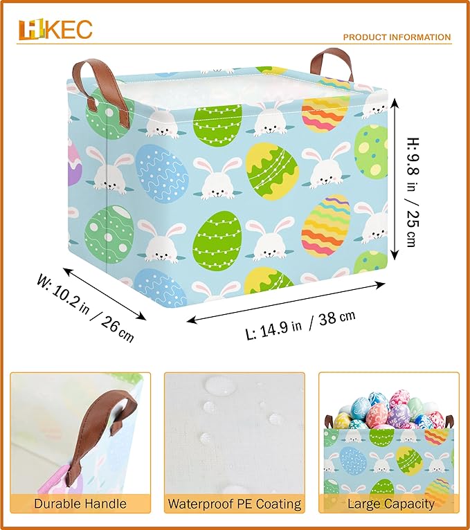 HKEC Rectangle Easter Gift Basket Empty with Handles for Kids,Cute Organizer Toy Bin,Books Basket,Room Decor(Easter Rabbit Basket)