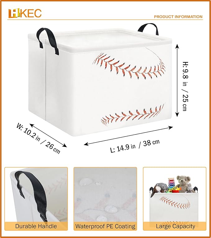 HKEC Rectangle Storage Basket with Handles,Collapsible Toys Bin,Books Box,Room Decor(Baseball)